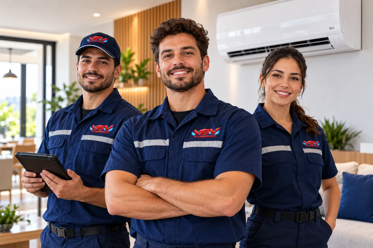 Ilustração institucional de três profissionais com uniforme VBV diante de um ar-condicionado