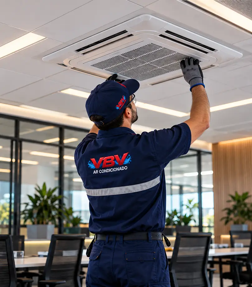 Imagem ilustrativa de técnico uniformizado da VBV inspecionando ar-condicionado cassete em escritório