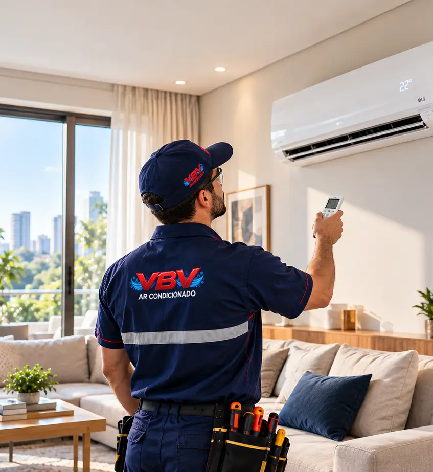 Imagem ilustrativa de técnico uniformizado da VBV verificando um split com controle remoto em sala residencial